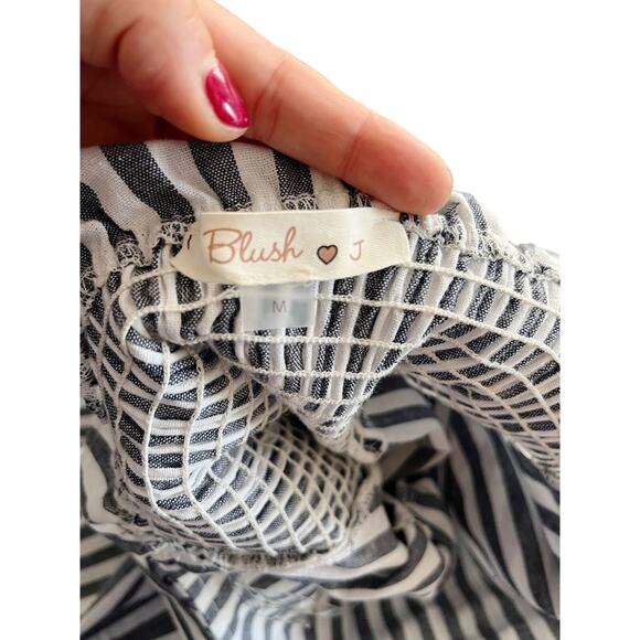 BLUSH J Striped Jumpsuit Blue White Chambray Sleeveless Belted Crop Medium EUC - Picture 7 of 10